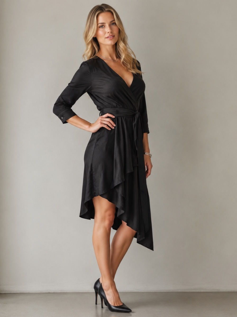 FANCO | Black Wrap Asymmetrical Hem Dress | Size Small